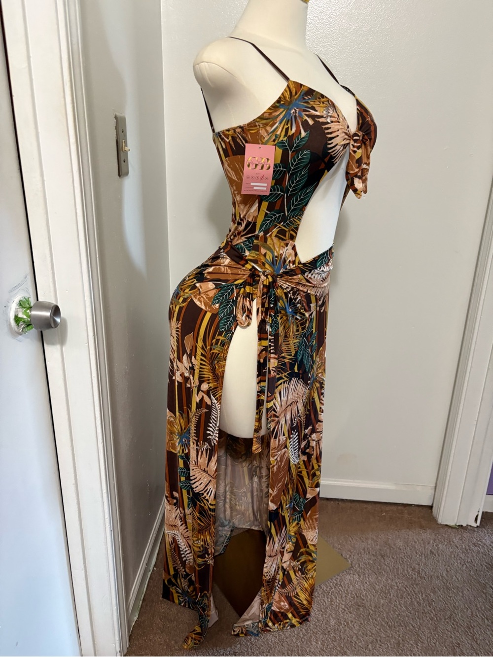 Tropical Tie-Front One-Piece Swimsuit in Brown Print with Wrap Skirt NWT - Picture 3 of 7